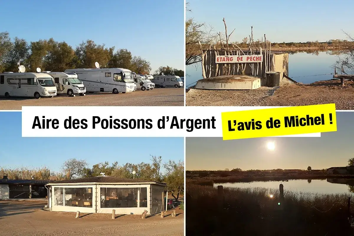 Aire des Poissons d'Argent : camping-car & restaurant. Un étang de pêche et un coucher de soleil complètent ce lieu.