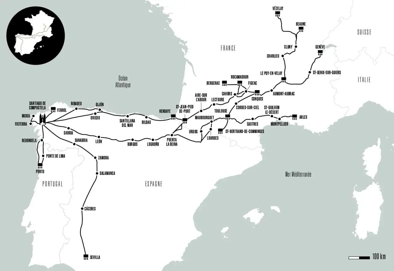 Carte des routes du chemin de compostelle, de Vézelay à Santiago, passant par Navarrenx et Roncesvaux.