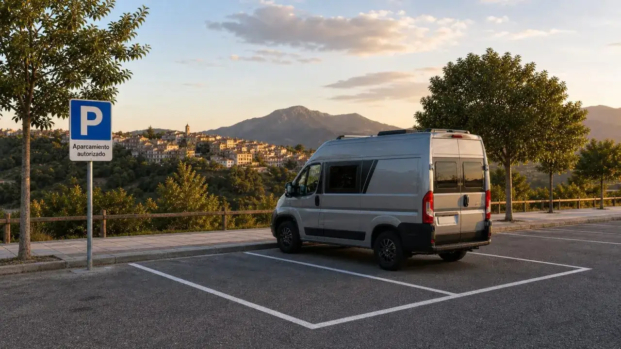 Un camping-car gris est garé sur un parking avec une vue sur un village espagnol. Panneau