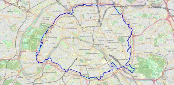 Carte de Paris délimitant un périmètre bleu, incluant le Bois de Boulogne et le Bois de Vincennes. La gr 75 est visible.